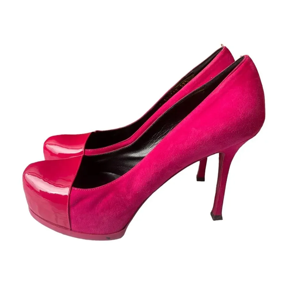 SAINT LAURENT Suede Patent Goatskin Tribute Two 80 Platform Pumps 39.5 Fuchsia - Picture 2 of 9